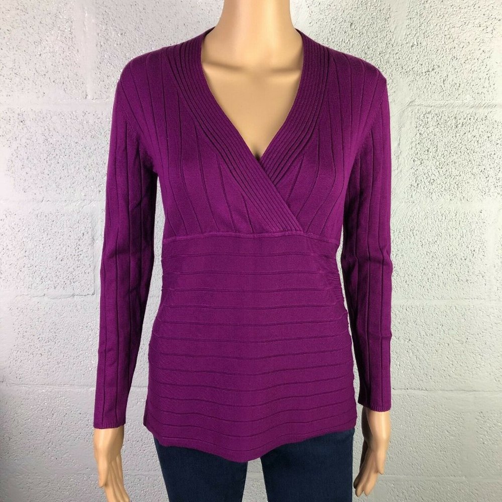 Style & Co Purple Long Sleeve Ribbed Top Knit V-Neck Wrapped Front Size S